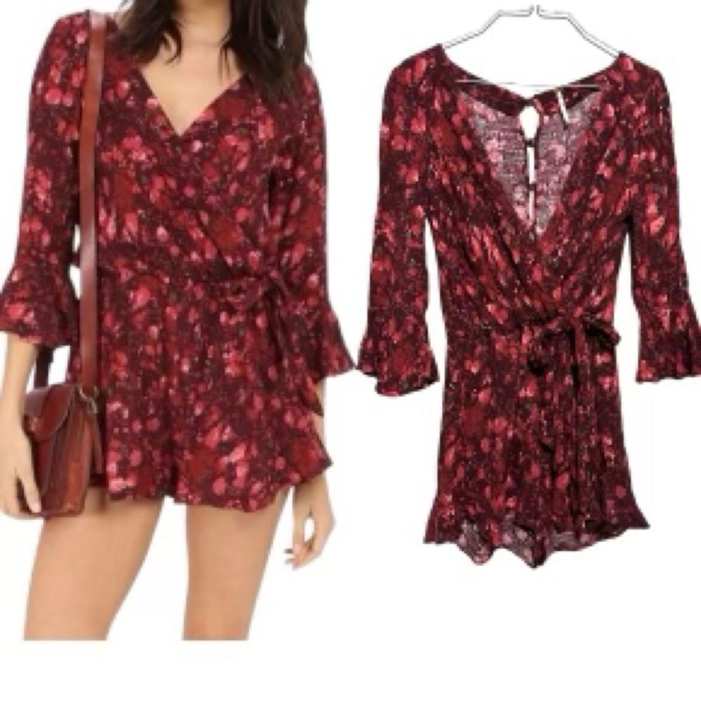 Free People Red Floral Wrap Romper